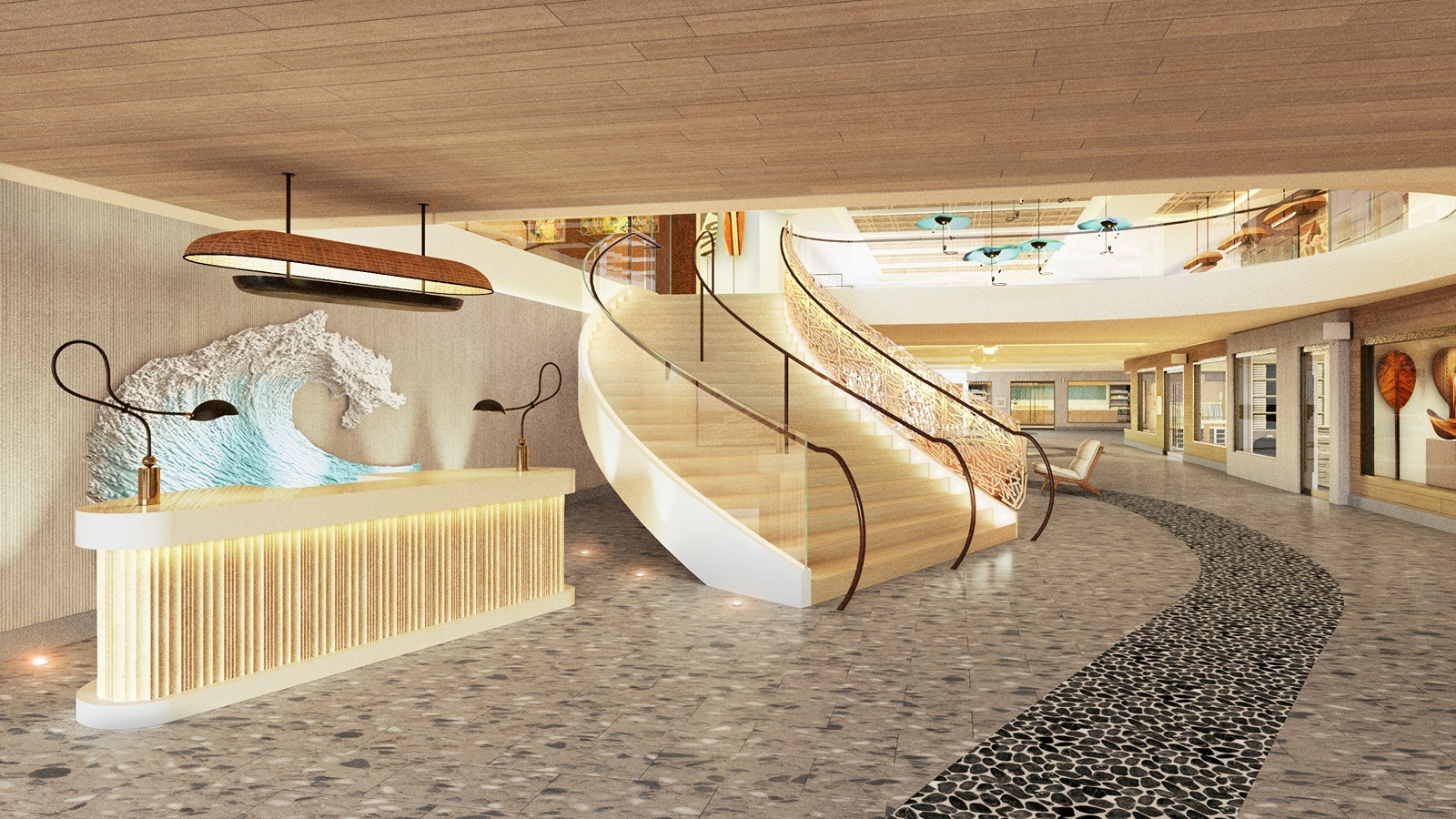 Outrigger Hospitality Group has started a $100 million renovation of its Outrigger Waikīkī Beach Resort. A rendering of the stairway and entry floor is pictured here.