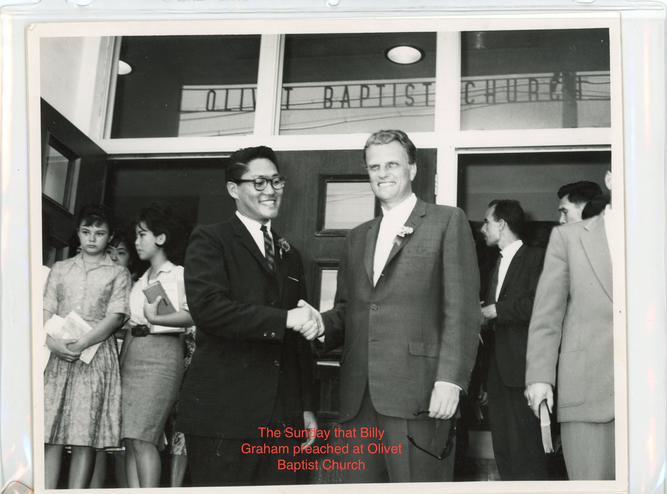 Pictured in 1965, Rev. Dan Kong, left, pictured with evangelist Billy Graham at Olivet's 22nd anniversary.