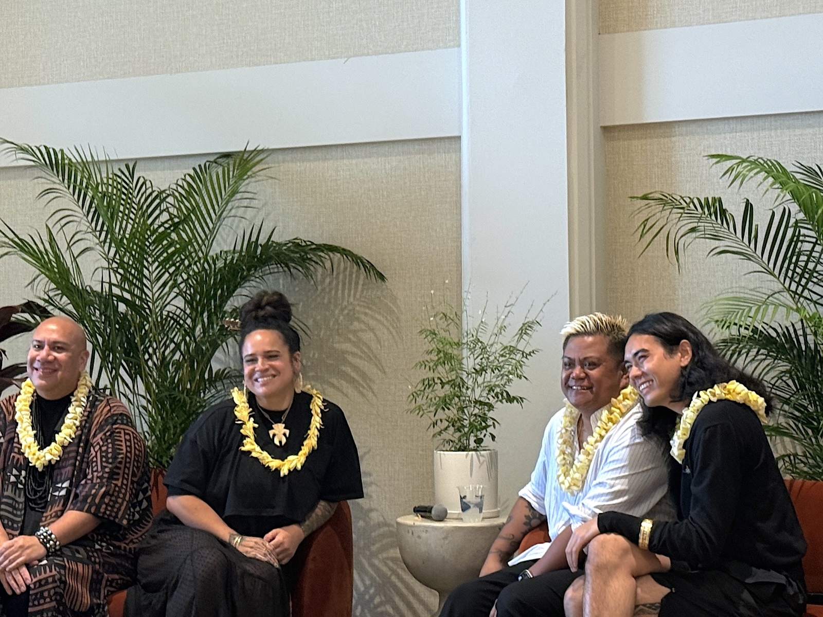The inaugural Pacific Fashion Week produced by Gravitas Pasifika kicked off Friday, Sept. 18, at the Kaimana Beach Hotel in Waikīkī with an educational talk story about the industry. Pictured from left are Samson Lee of Samson Lee Fiji; Shar Tuiʻasoa of Punky Aloha Studio; Kini Zamora of Kini Zamora Designs; and Rocket Ahuna of ROCKETAHUNA. Photo by Kelsey Kukaua Medeiros