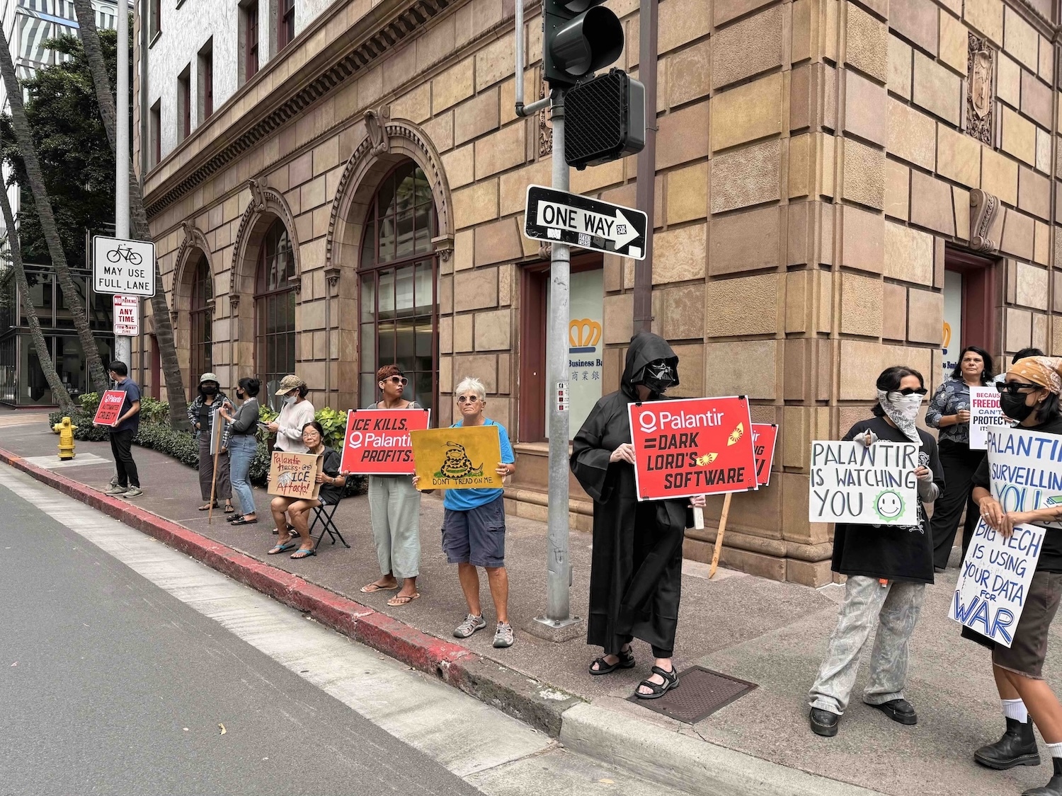Organized by ACLU of Hawaiʻi and Indivisible Hawaiʻi, among others, a peaceful protest was held Monday, Aug. 10, outside of Pacific Guardian Center in Downtown Honolulu. Photo by Kelsey Kukaua Medeiros
