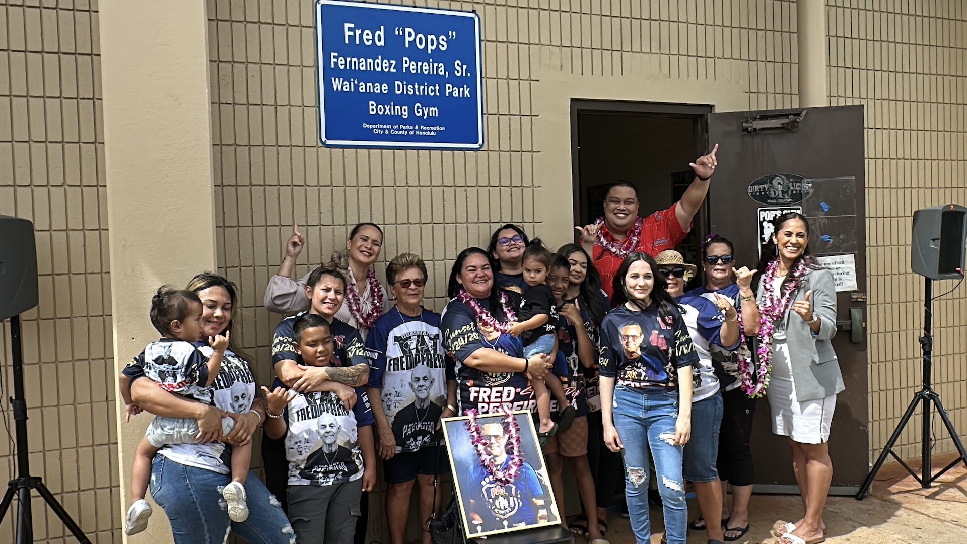 Lawmakers, family and friends pictured outside the renamed "Fred “Pops” Fernandez Pereira, Sr., Wai‘anae District Park Boxing Gym," on Saturday, April 12.
