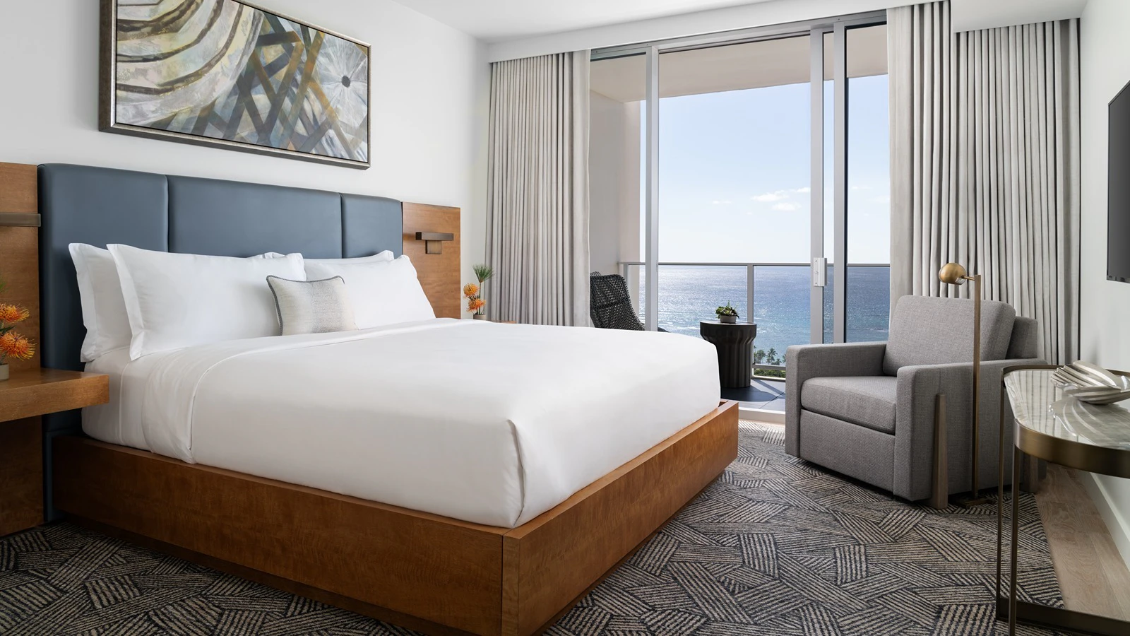 A bedroom in a three-bedroom Premier Level suite at The Ritz-Carlton Residences, Waikiki Beach.