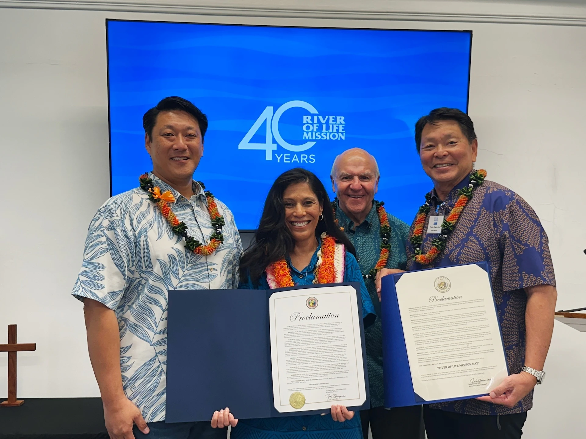 From left: Gov. Josh Greenʻs Coordinator on Homelessness Jun Yang; River of Life Mission Executive Director Keali‘i Kane Gray; Honolulu Mayor Rick Blangiardi; River of Life Mission Board Chair Elwin Ahu.