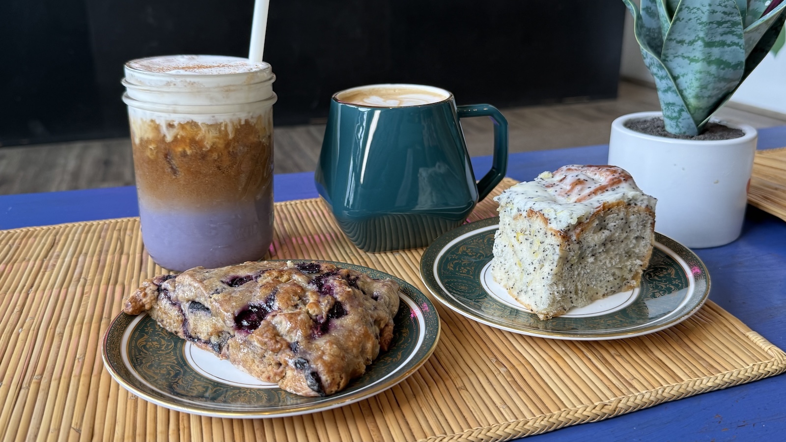 blueberry donut latte and pastries