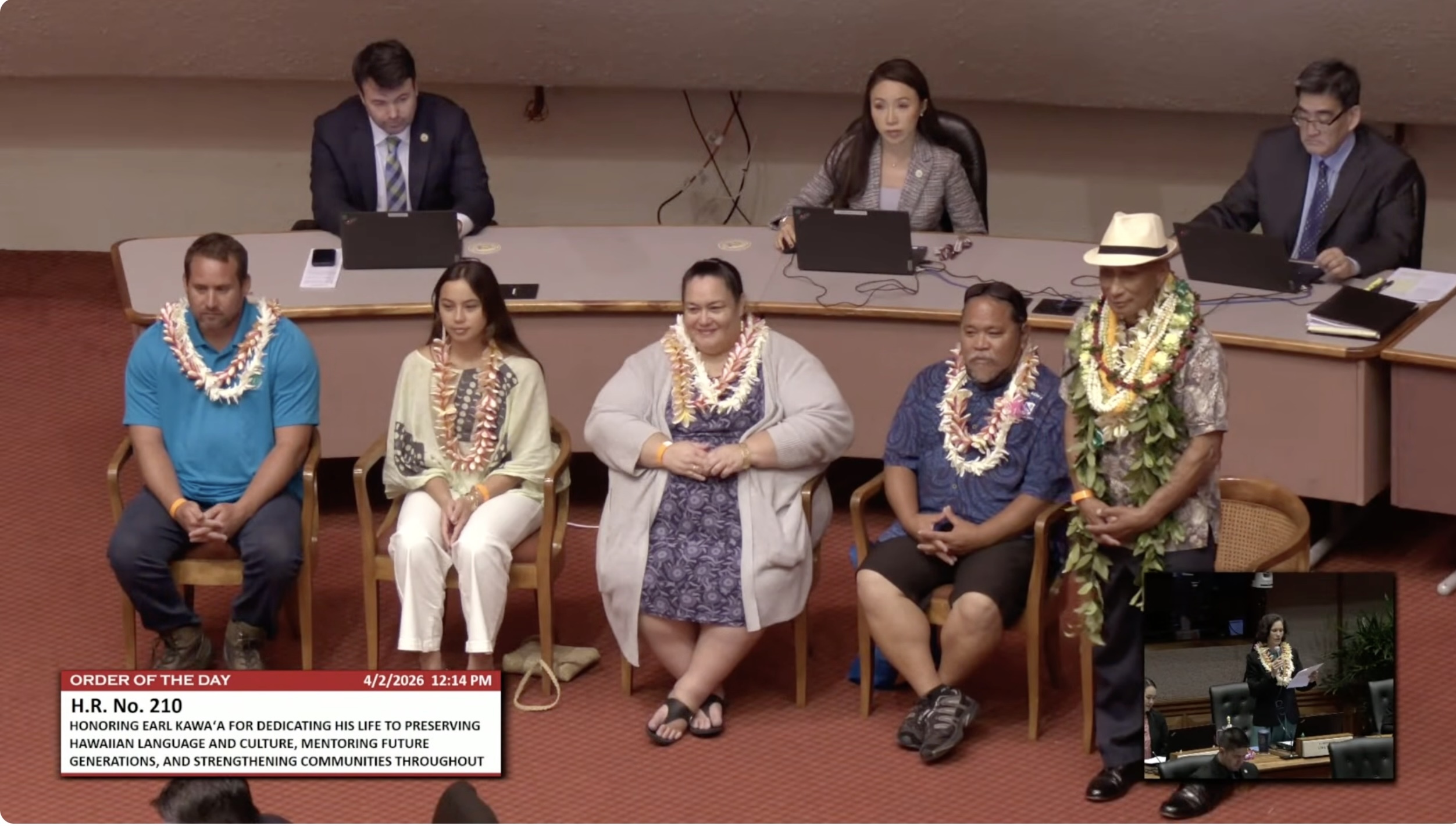 Kawaʻa, right, was recognized on the House floor on April 2, 2026, along with haumana: From left, Peters, Paik, Umiamaka and Imamoto.