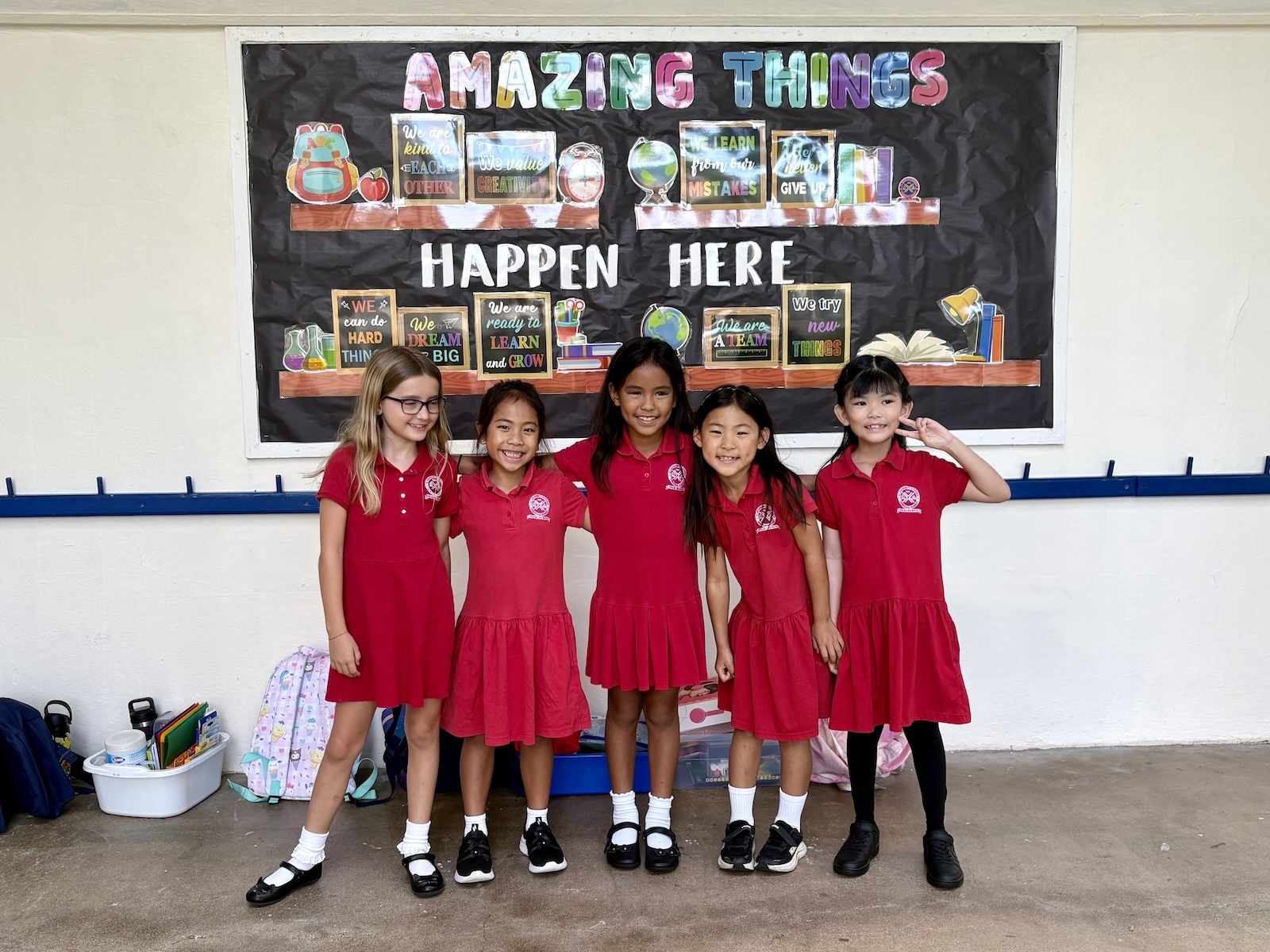 Lower school classmates pose on the first day of school.