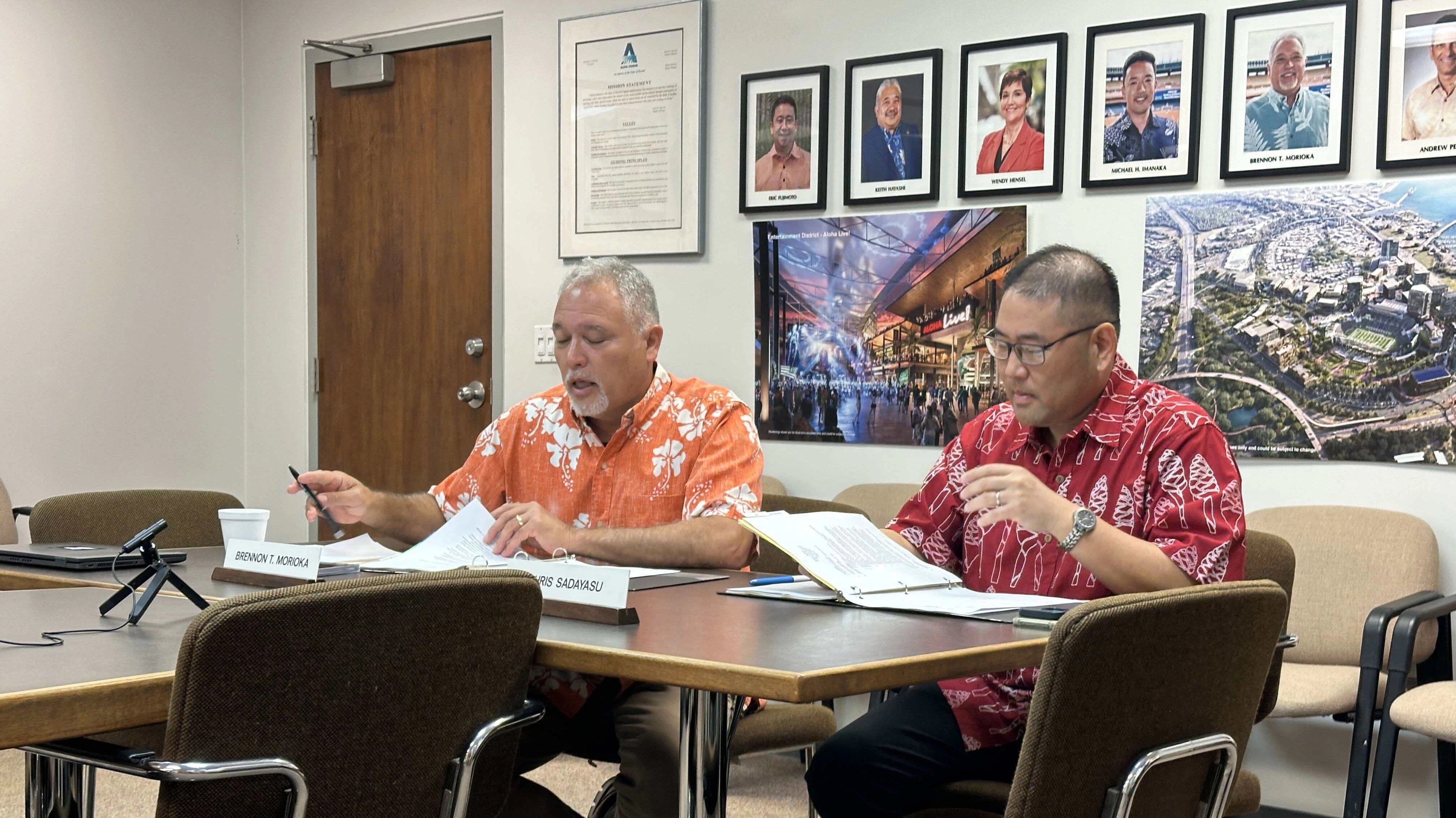 Stadium Authority chair Brennon Morioka (left) and Aloha Stadium interim manager Chris Sadayadu (right) during Thursday morning's April Stadium Authority meeting.