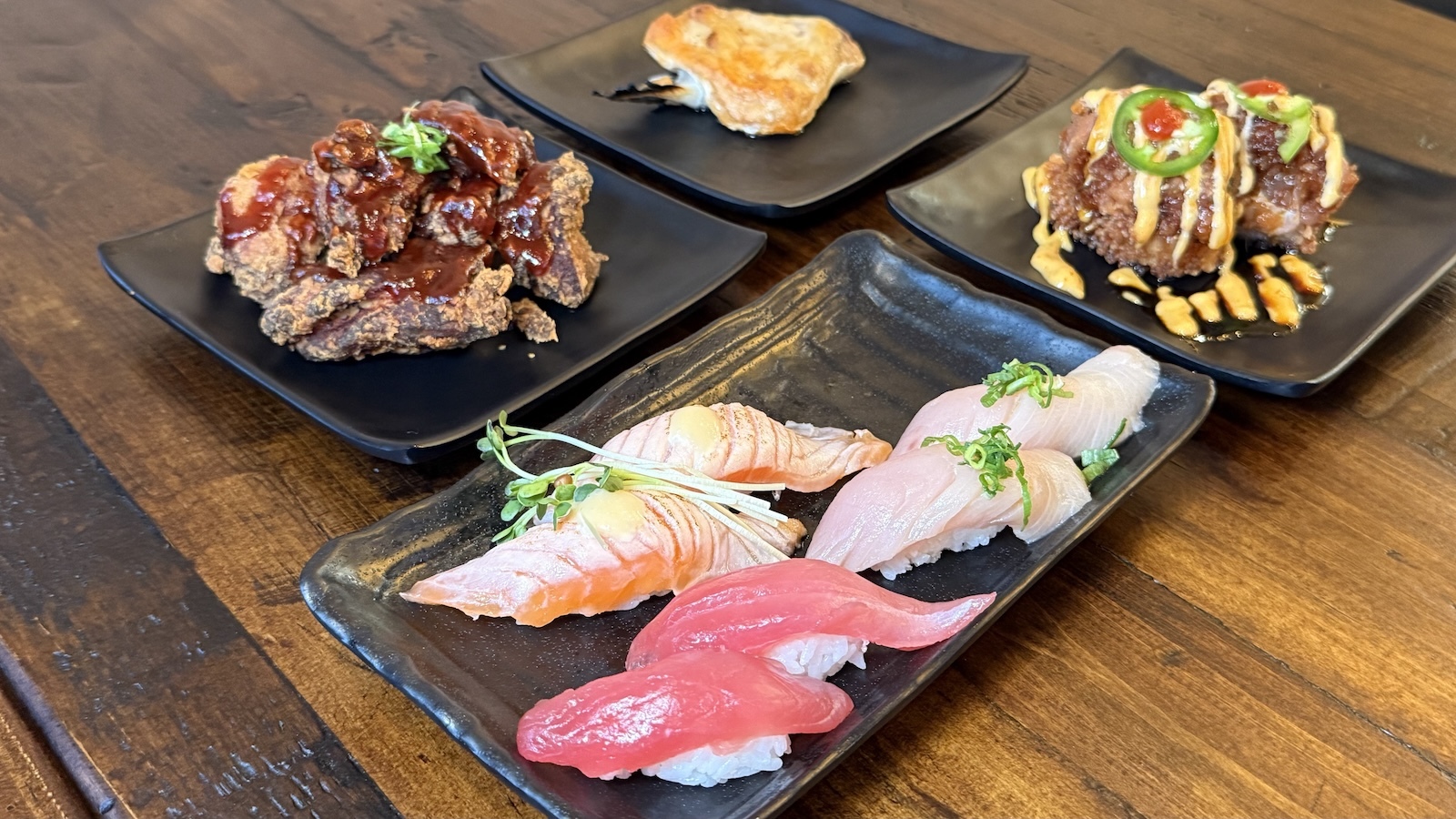 nigiri, chicken, crispy rice