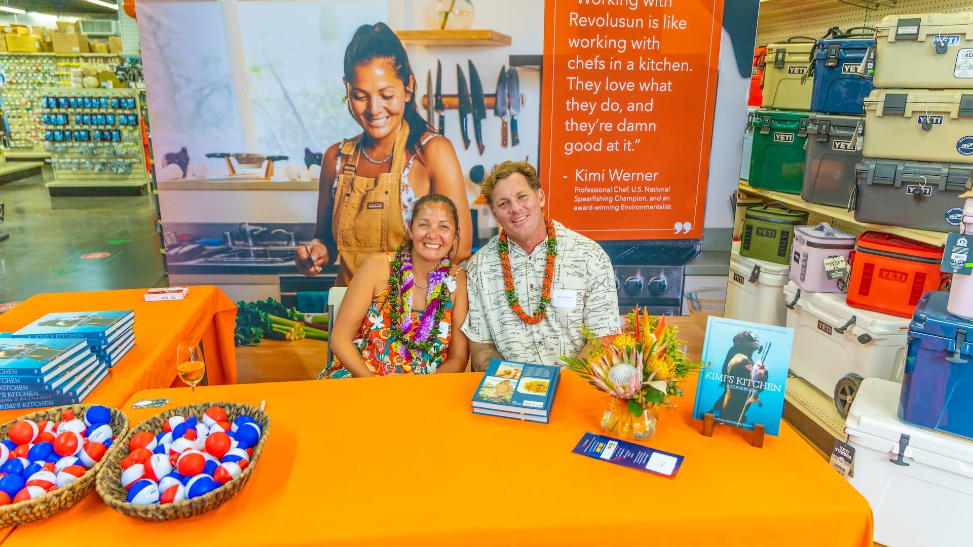 New cookbook author Kimi Werner pictured with Eric Carlson, RevoluSun co-founder and chief innovation officer, at POP Fishing & Marine in Honolulu. Photo courtesy Courtesy Tommy Pierucki