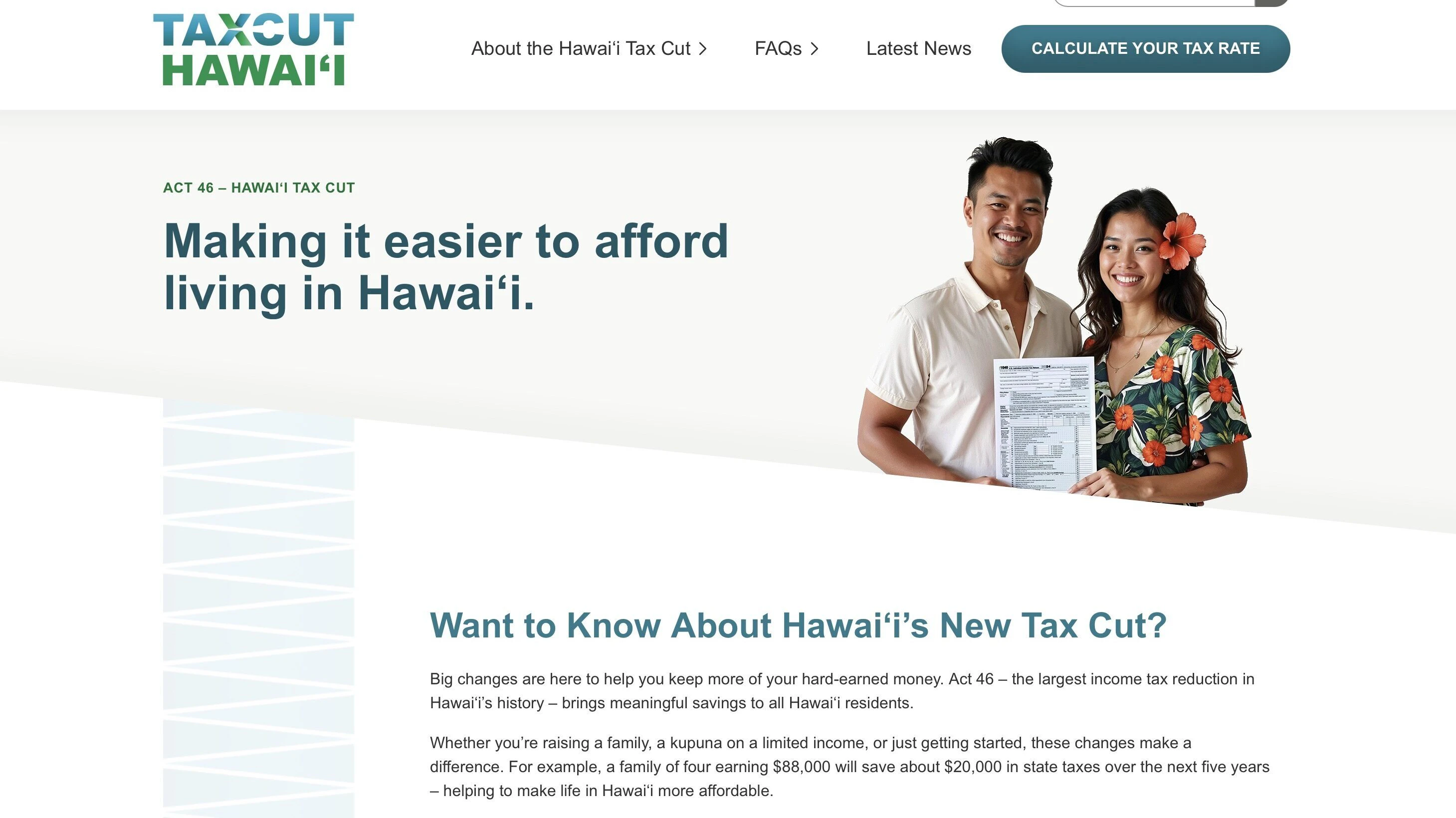 Screenshot of new Hawaii state tax cut website