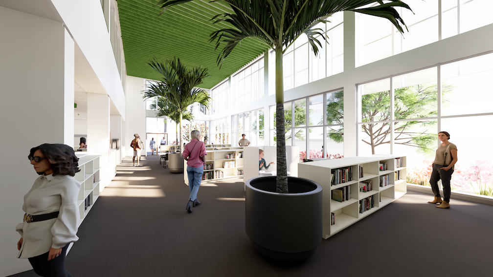 This rendering shows the planned Wahiawā Public Library, which will also include outdoor reading spaces.