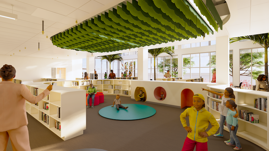 Plans for the library include a space for keiki to sit and read in bookcases on the first floor, shown in this rendering.
