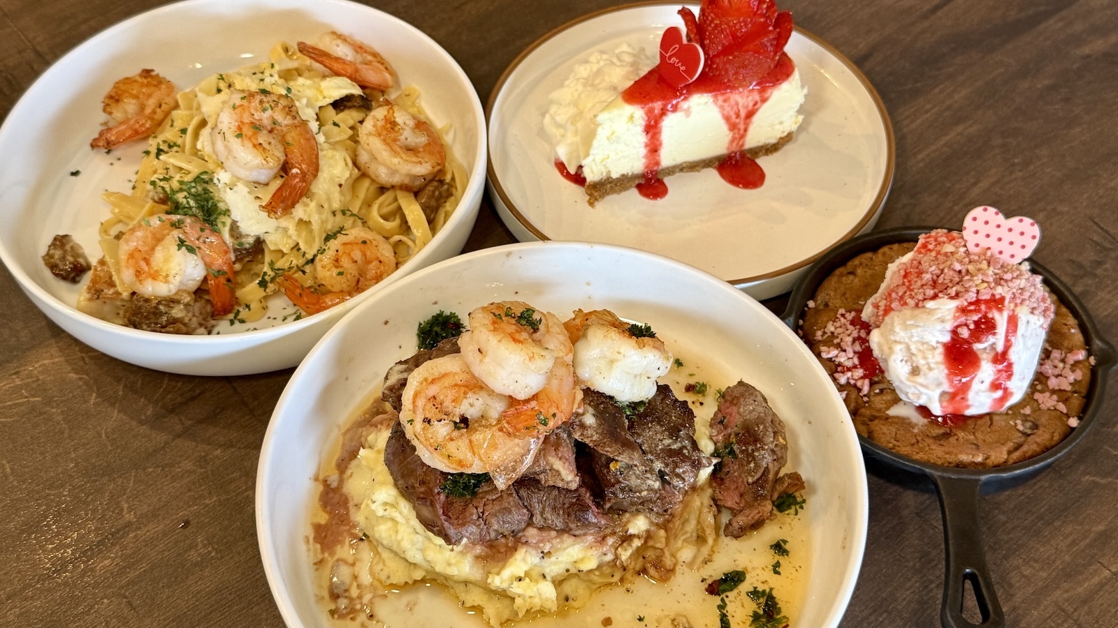 surf and turf, strawberry cheesecake and strawberry skillet cookie