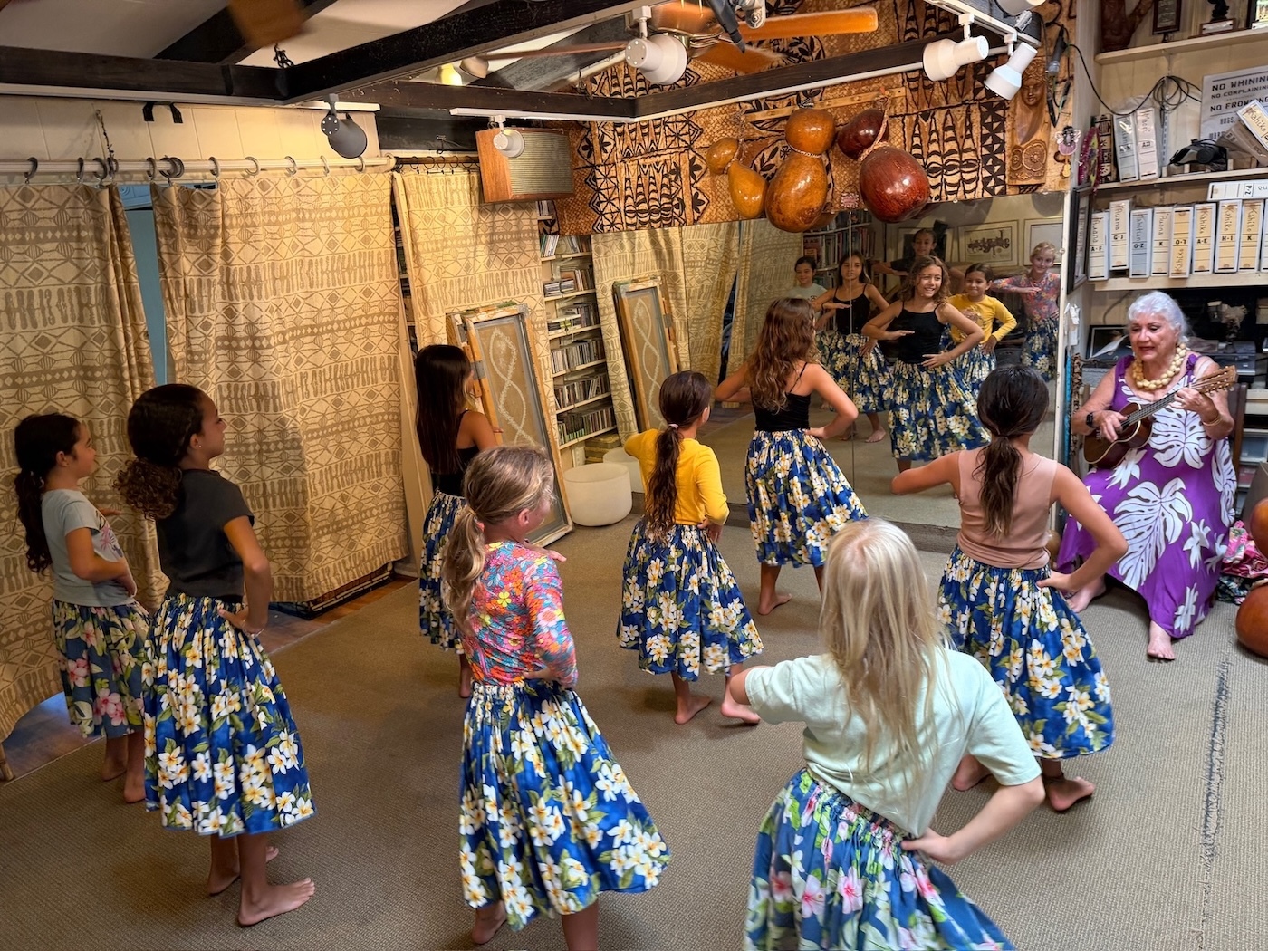 Kumu Pattye Wright teaches a keiki class in the hula studio at her Kailua home. Credit: Ka‘imi Koehler.