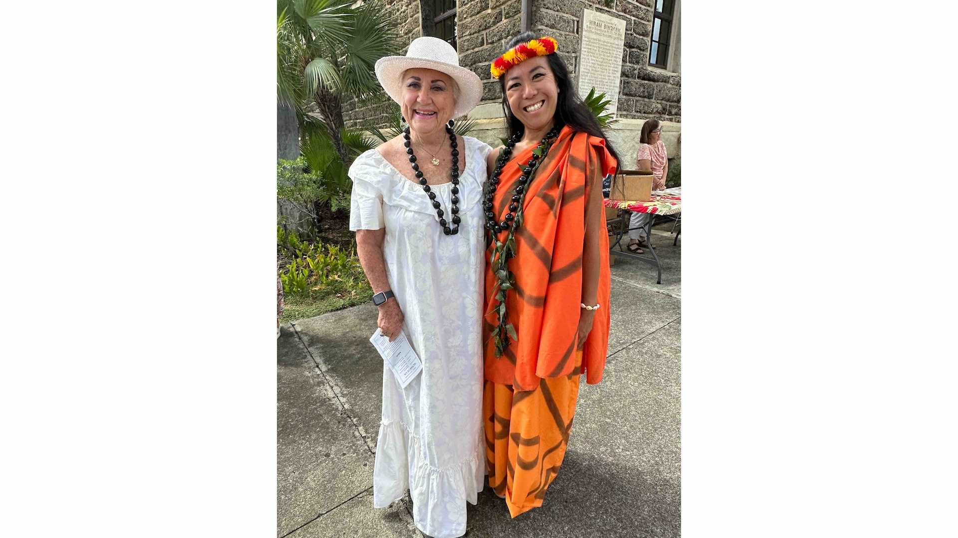 From left, Pattye Wright and Ka‘imi Koehler at Kawaiaha‘o Church on Aug. 27, 2023, the day Toni Lee, then-chair of the Aloha Festivals parade, invited their hālau to enter a float. Although the hālau had only a month to prepare, their float won second place that year.