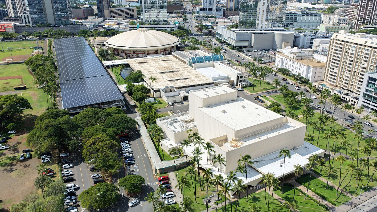 An aerial view of the Blaisdell Center.