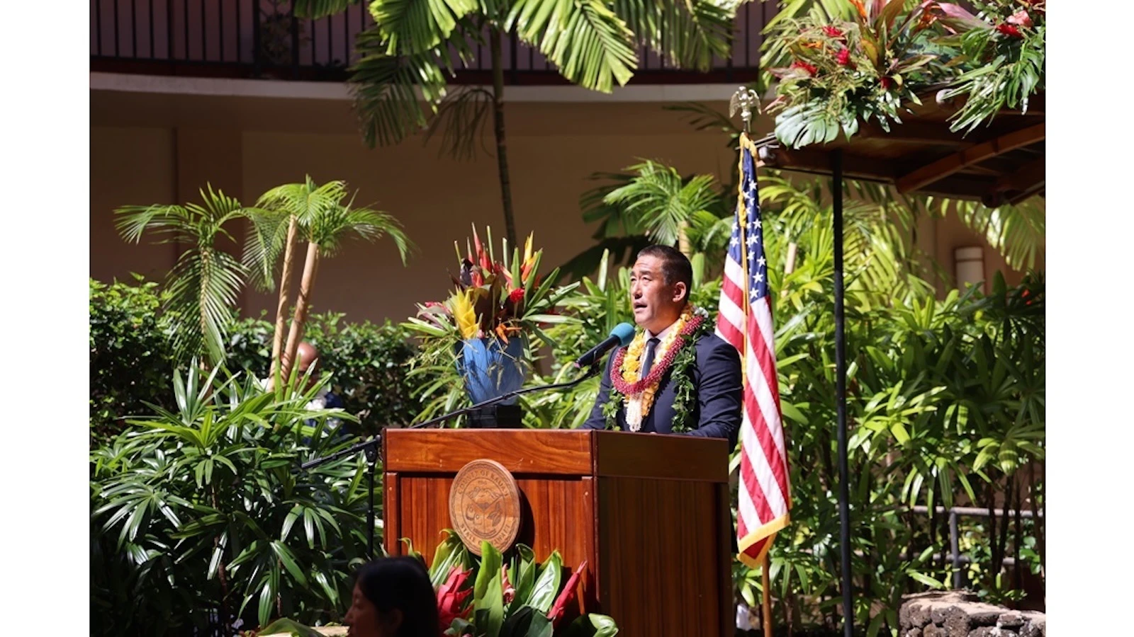 Kaua‘i County Mayor Derek Kawakami addresses the crowd during his 2025 State of the County Address, which took place Thursday, March 13, at the Līhu‘e Civic Center.