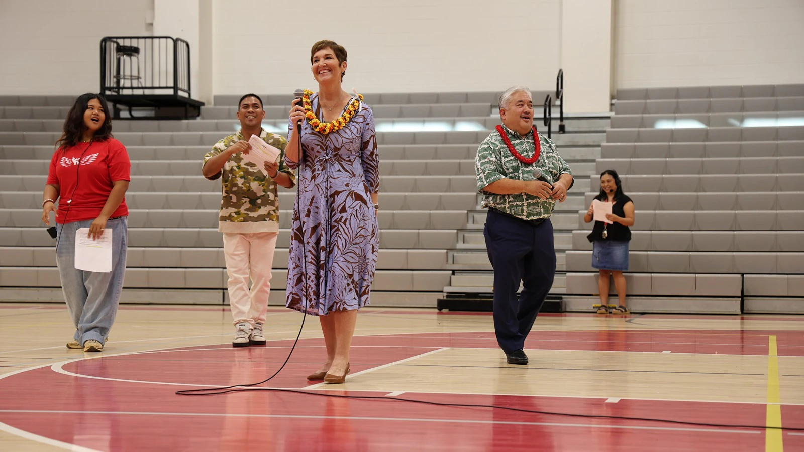 Direct2UH, a new initiative from UH and the state Department of Education that provides direct admission to nine of the UH system campuses based on a student's grade point average, launched this week. UH President Wendy Hensel is pictured here at a Kaua‘i High School pep rally on Oct. 13 where the program was introduced.