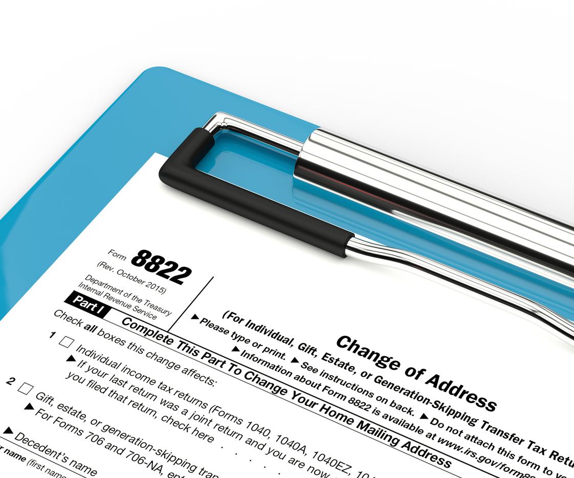 3d rendering of 8822 "Change of Address" form on clipboard isolated over white background