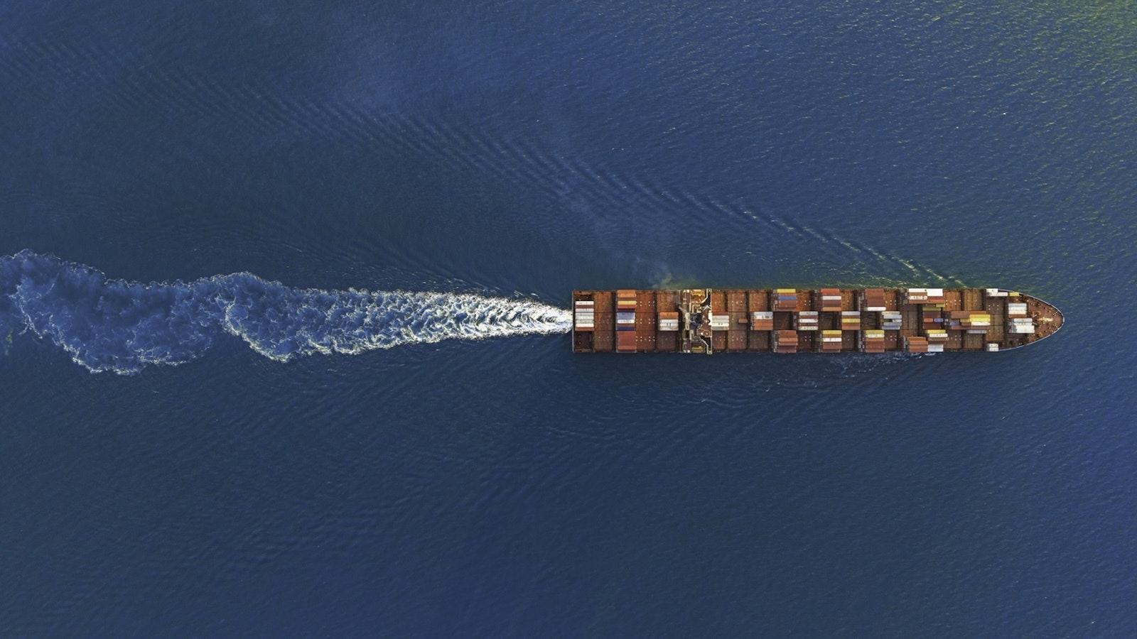 An aerial view of a cargo ship.