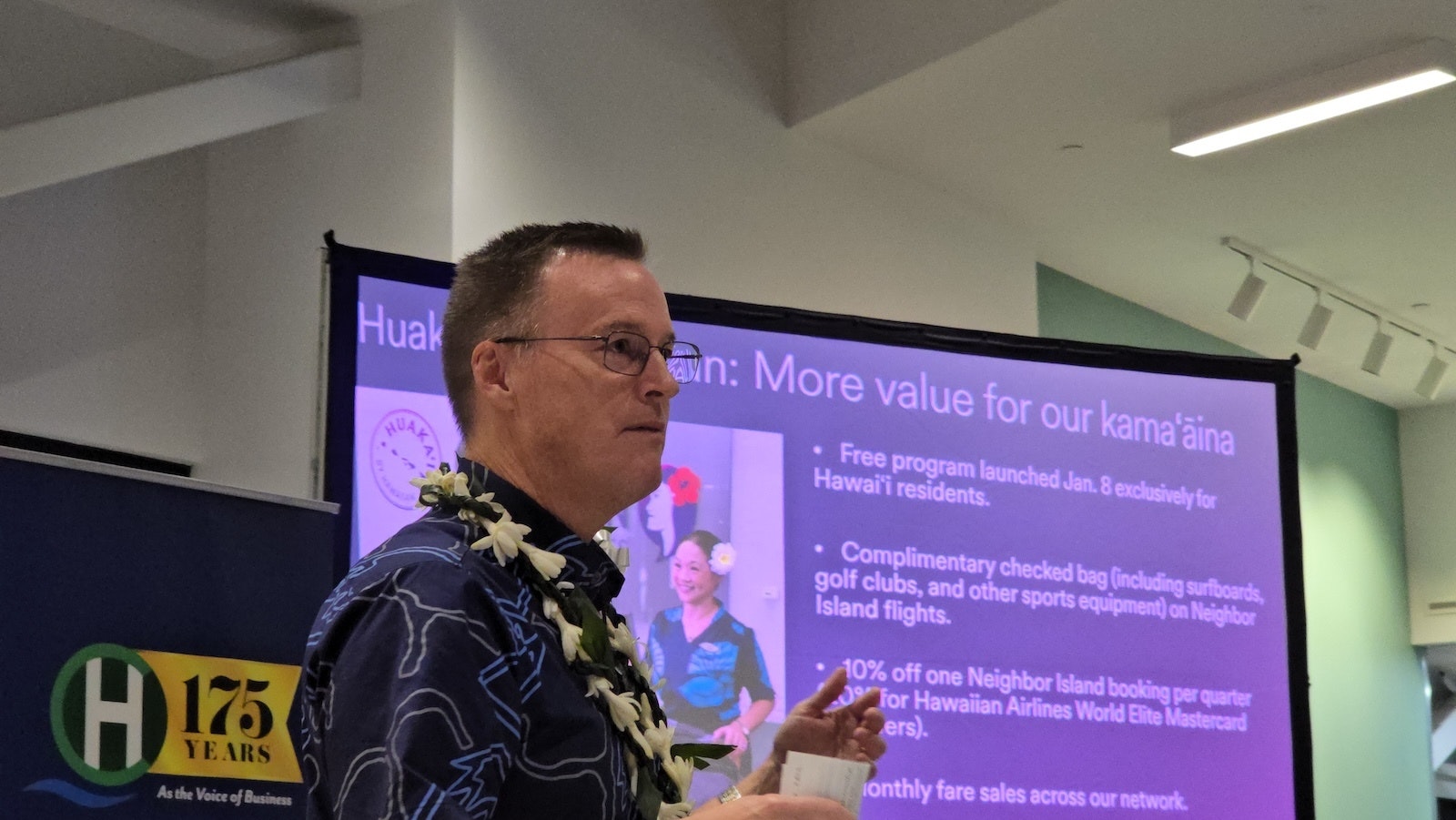 Hawaiian Airlines CEO Joe Sprague on Thursday shared updates about the organization and plans for the future during a pau hana hosted by the Chamber of Commerce Hawai‘i at the airline's Honolulu headquarters.