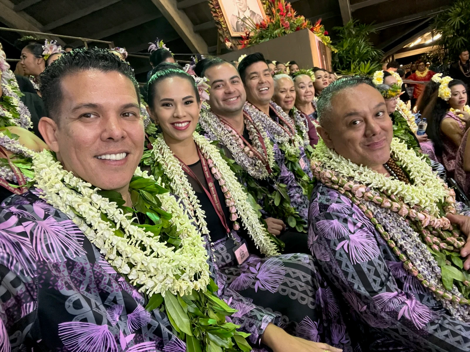 Kumu Hula Kamaka Kukona (far right) and Allan B. Cool-Peʻa (left).