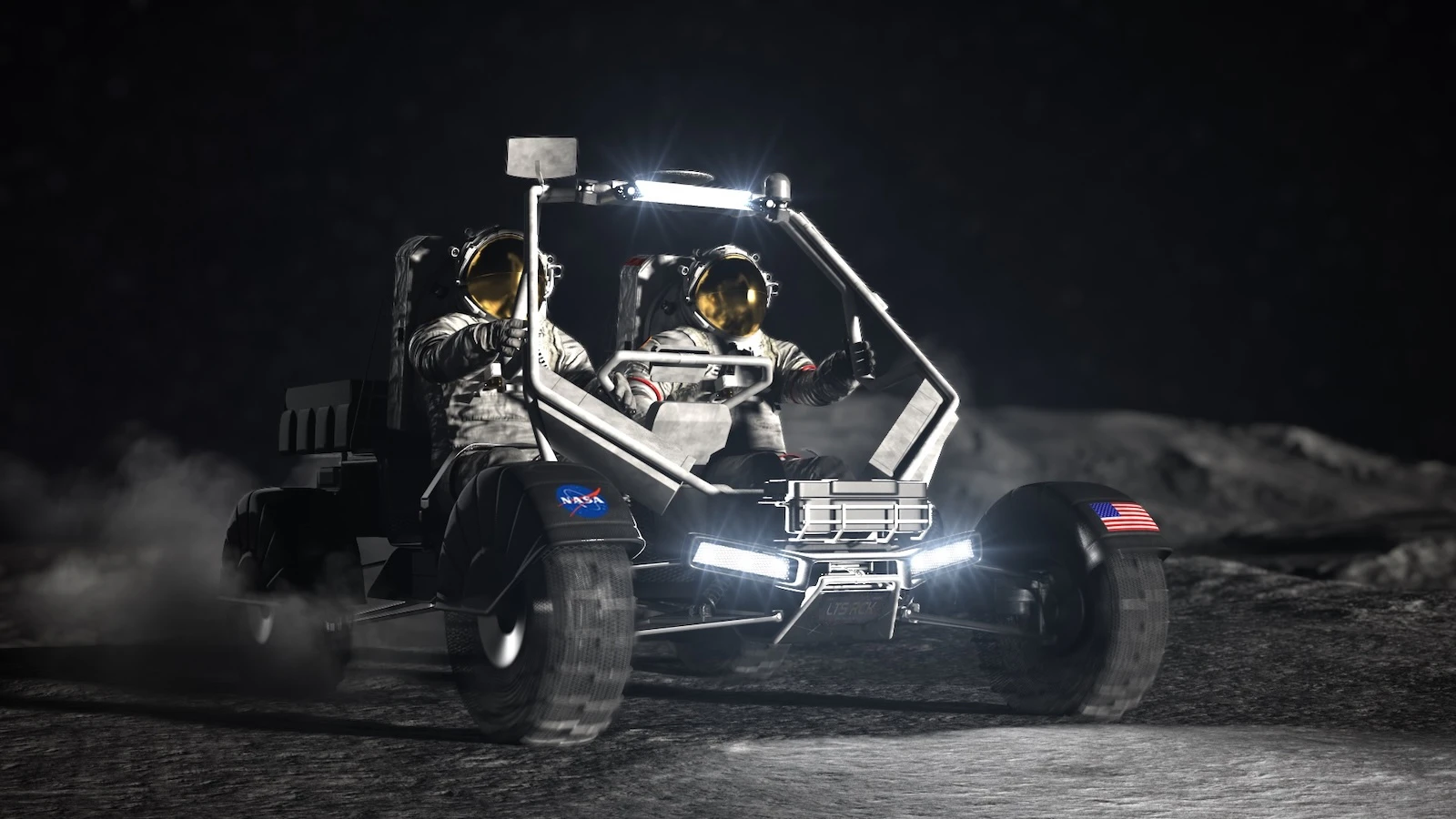 Render of a NASA Lunar Terrain Vehicle on the moon's surface