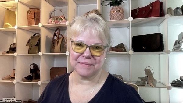 Donna Blanchard, the managing director for Kumu Kahua Theatre, in her home office, which includes purses and shoes.