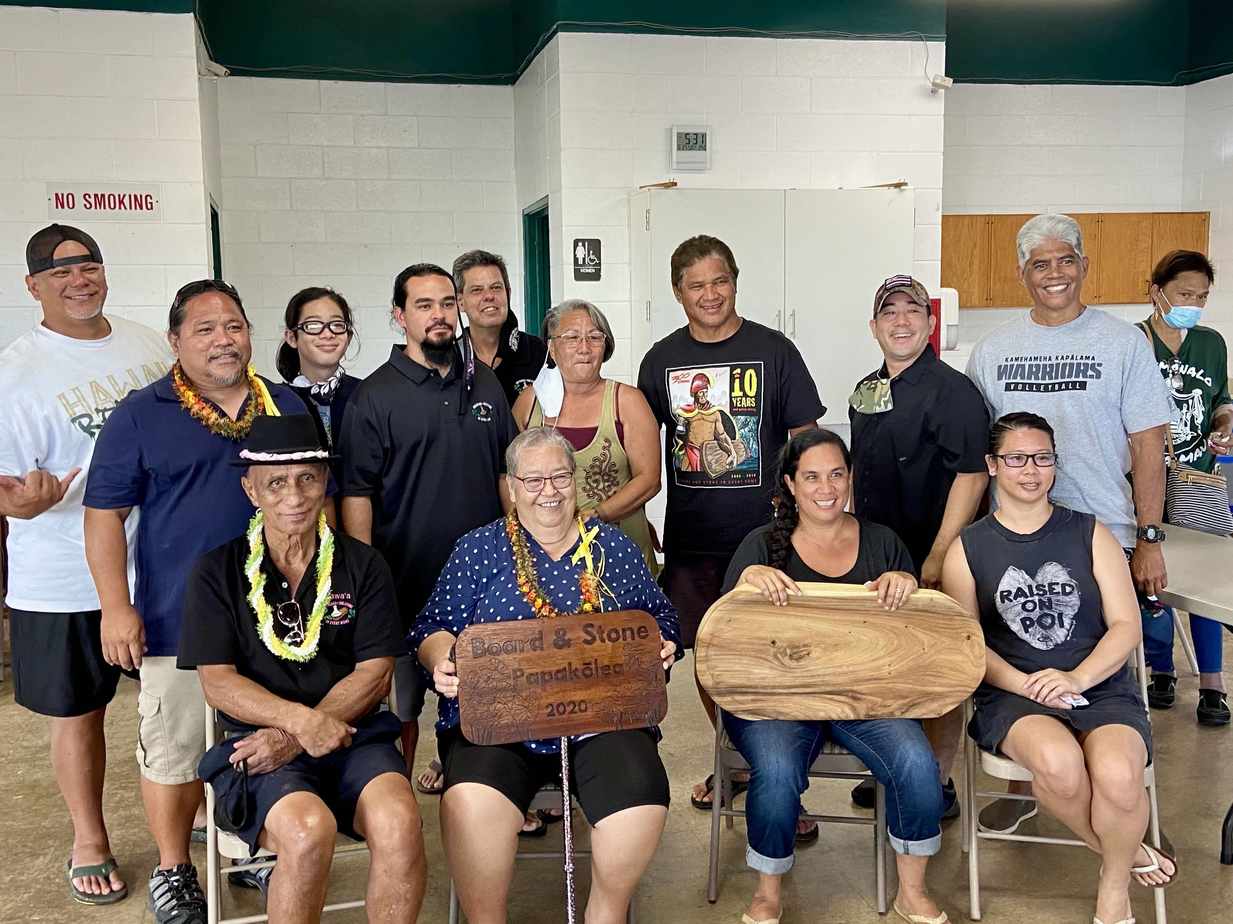 Kumu Earl Kawaʻa, front left, pictured with Board and Stone alakaʻi (leaders) from Papakōlea's class ho'ike 2020-2021.