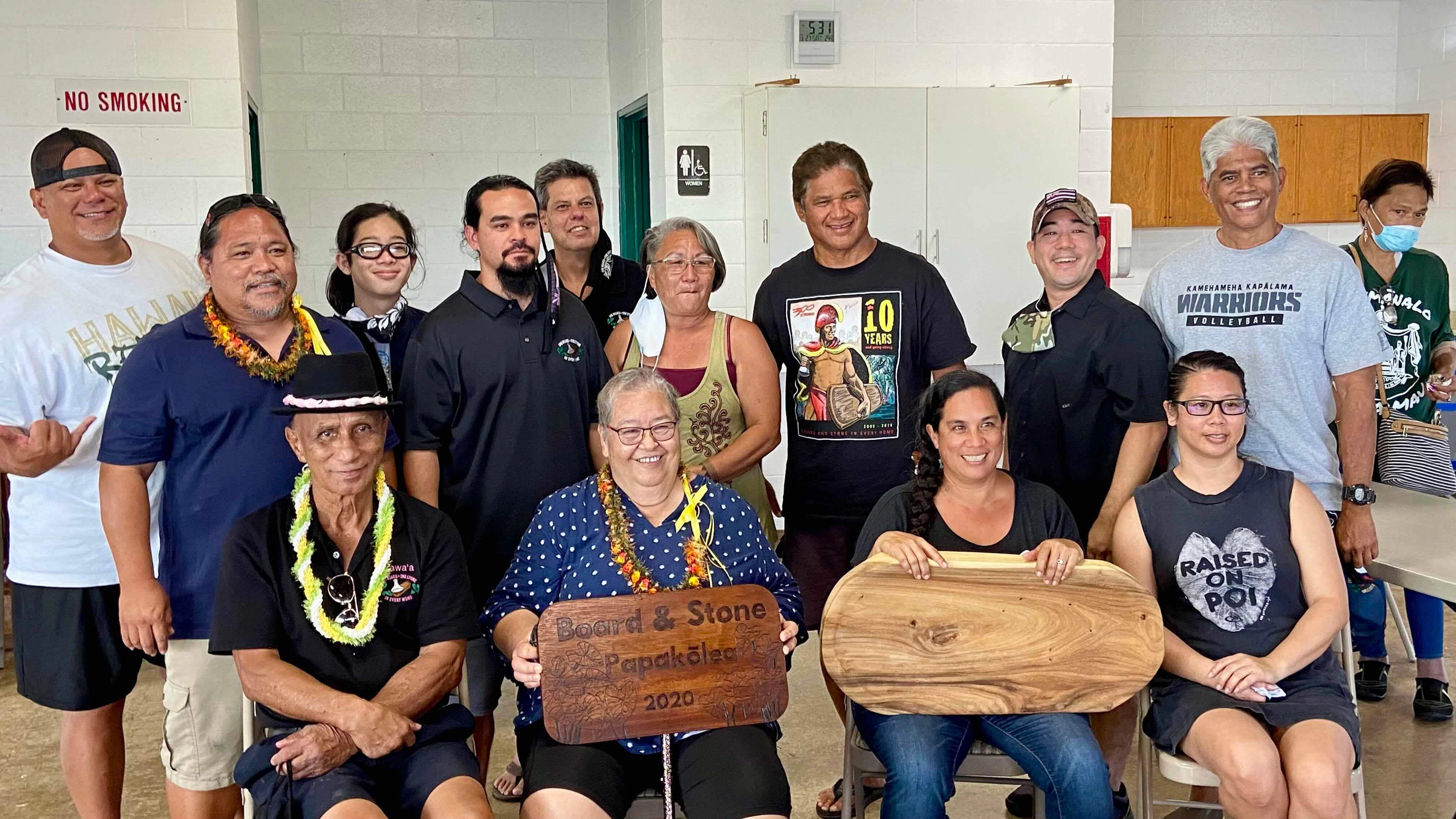 Kumu Earl Kawaʻa, front left, pictured with Board and Stone alakaʻi (leaders) from Papakōlea's class ho'ike 2020-2021.