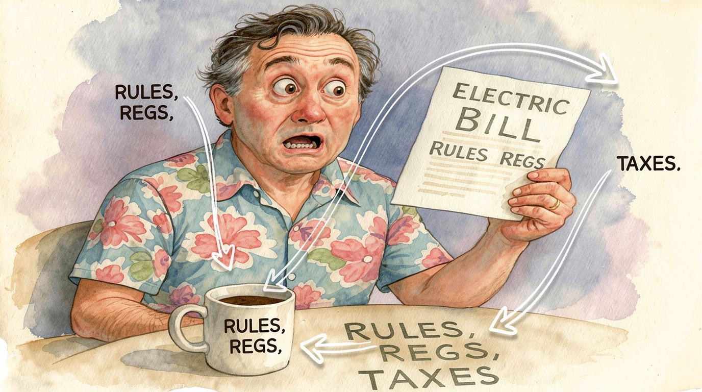 man is shocked by the rules, regulations and taxes all around him
