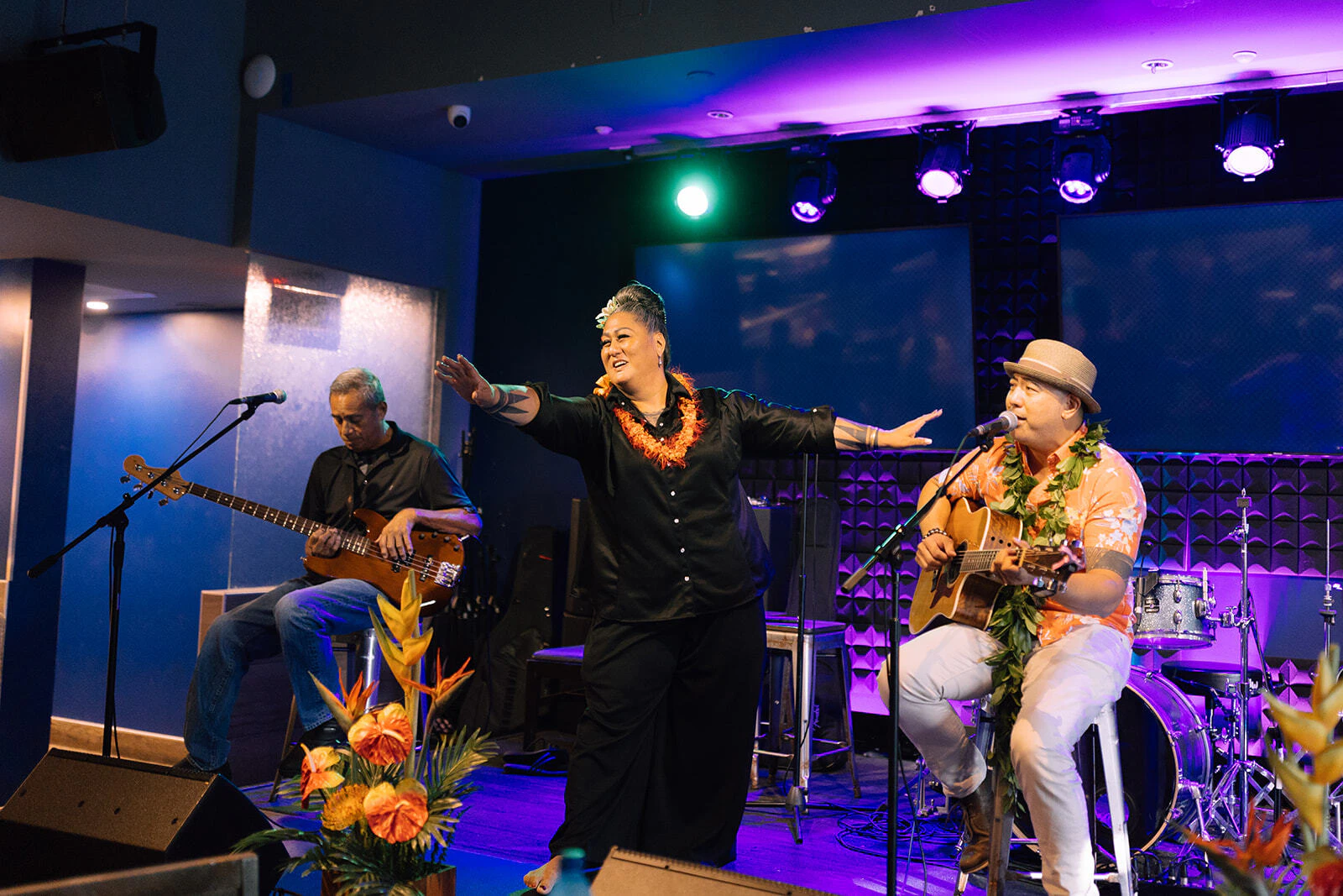 Hinaleimoana Wong-Kalu (middle) is one of the judges who took the stage at a private event for the launch of "Hawai'i to the World" on Monday, June 2. Shawn Kekoa Pimental (right) is the talent advisor for the television series.