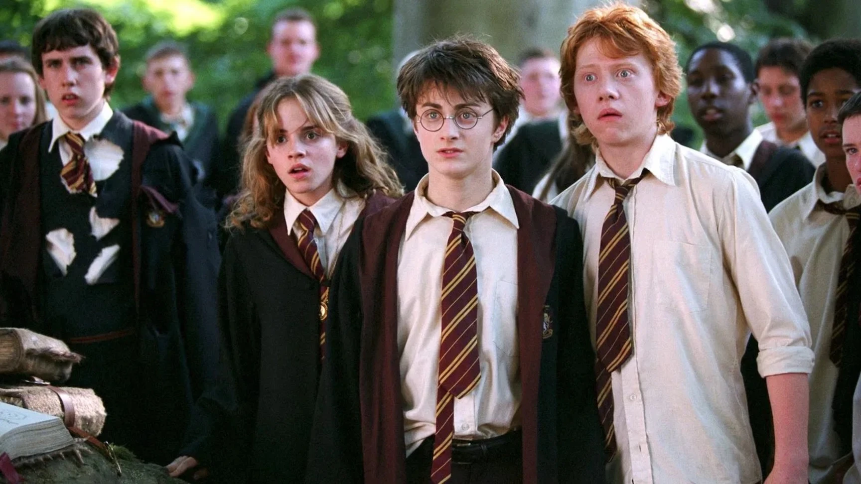 Hermione Granger, Harry Potter and Ron Weasley are a trio of friends who meet at Hogwarts School of Witchcraft and Wizardry.