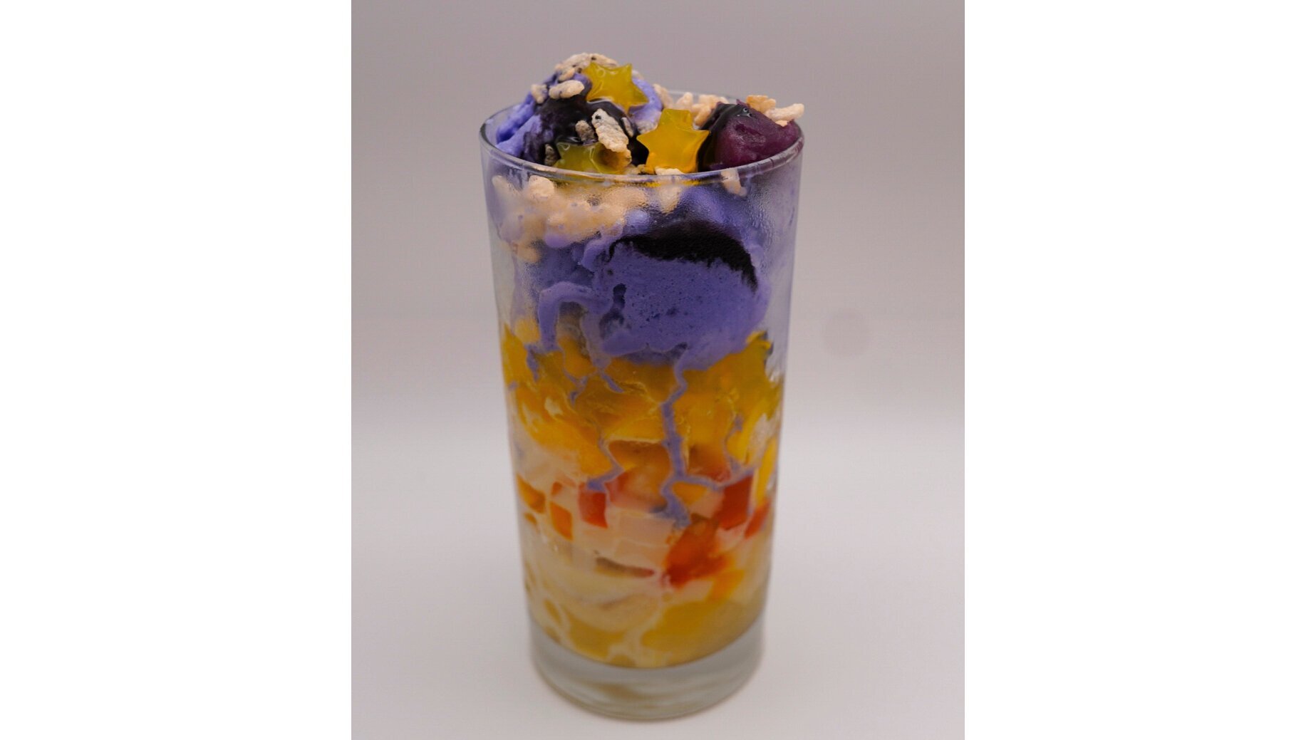 The Halo-Halo Sundae includes ube ice cream, popping boba, banana slices, fruit-flavored jellies, mango, and condensed milk, among other ingredients.