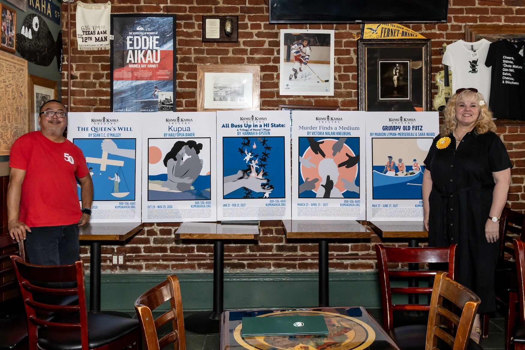 Harry Wong III, left, is the artistic director, and Donna Blanchard, right, is the managing director offorKumu Kahua Theatre. The posters for the theater group's 56th Season are shown above.