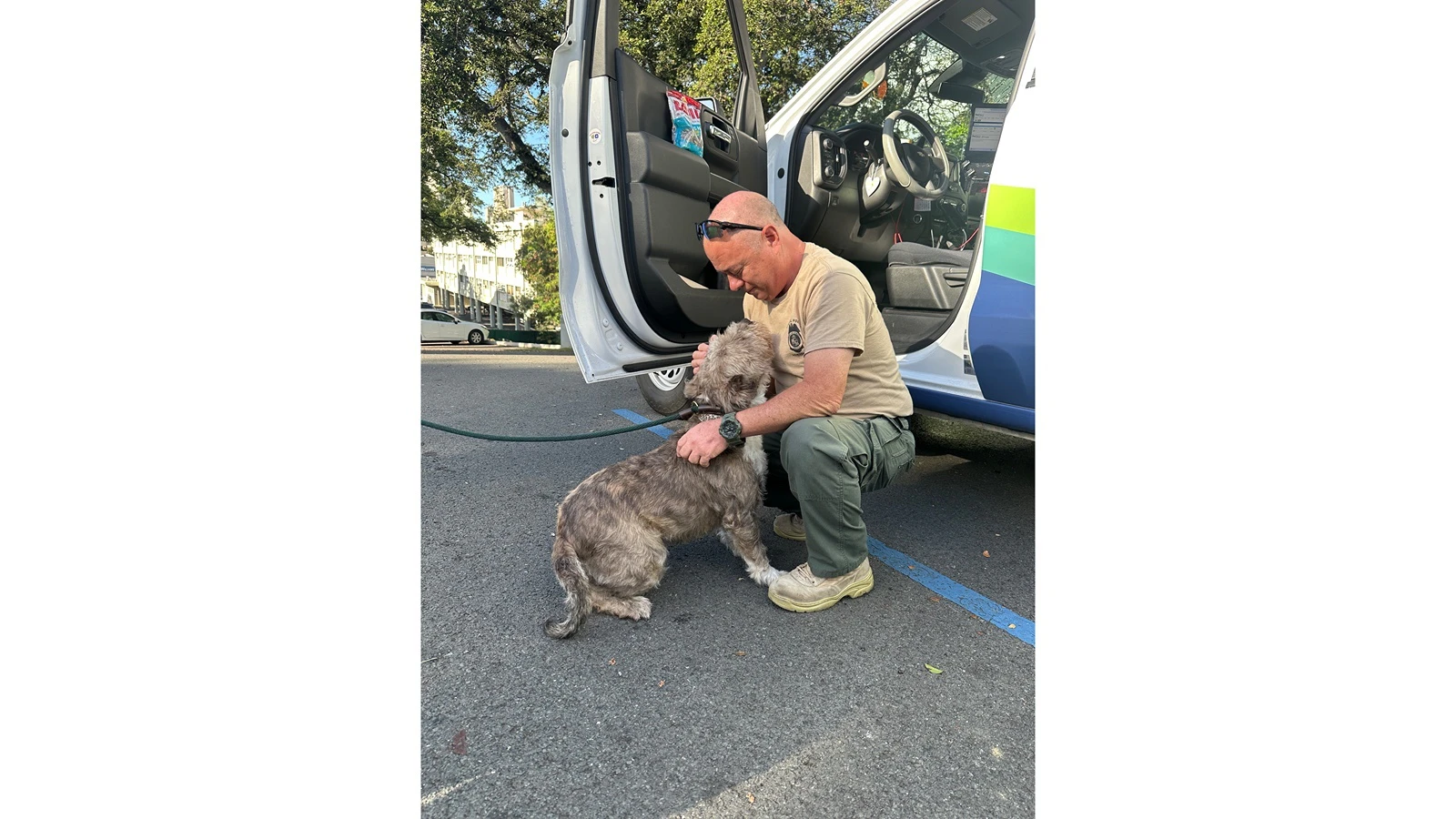 Hawaiian Human Society Humane Investigator Rob Church pets Molly the Pup.