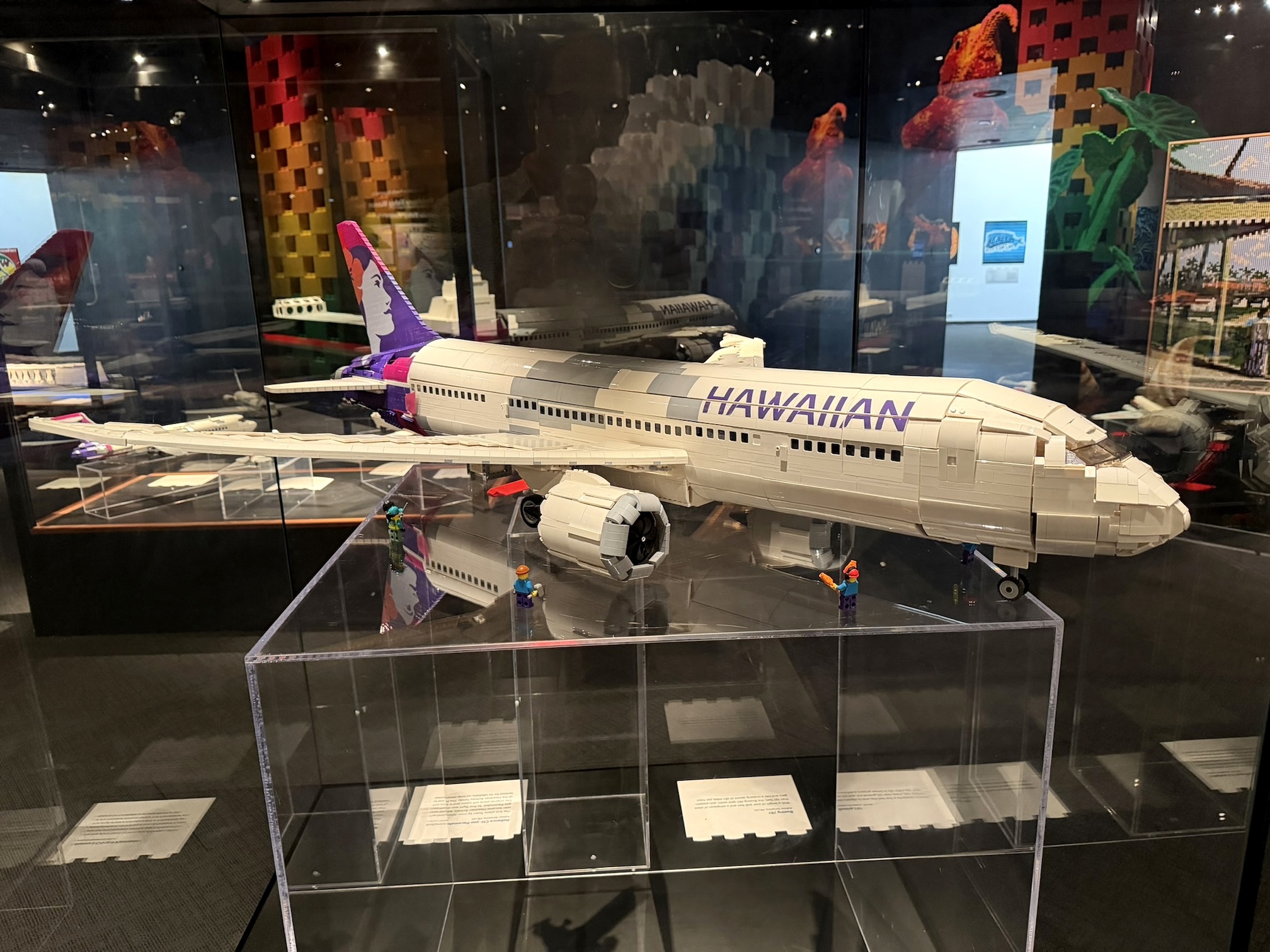 The Boeing 787 Dreamliner on display at the Bishop Museum as part of the special exhibit, "Aloha Bricks '26: Stories of Hawaiʻi."