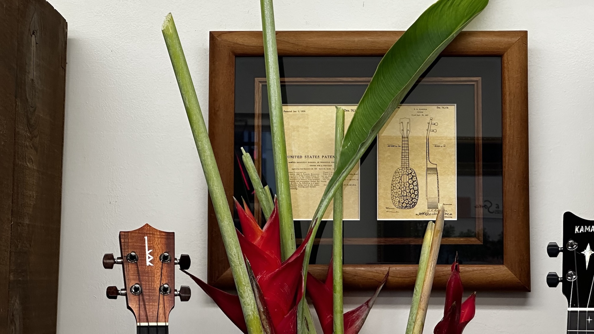 Sam Kamaka Sr., the founder of Kamaka ʻUkulele, invented the pineapple ʻukulele, and the patent for it hangs on the wall at the shop.