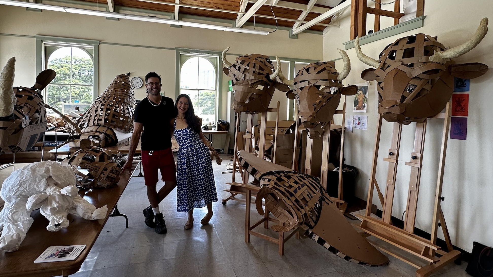 Greg Corbino, left, and Megan Conley, right, with puppets under construction for the "Carnival of the Nearly Extinct Animals."