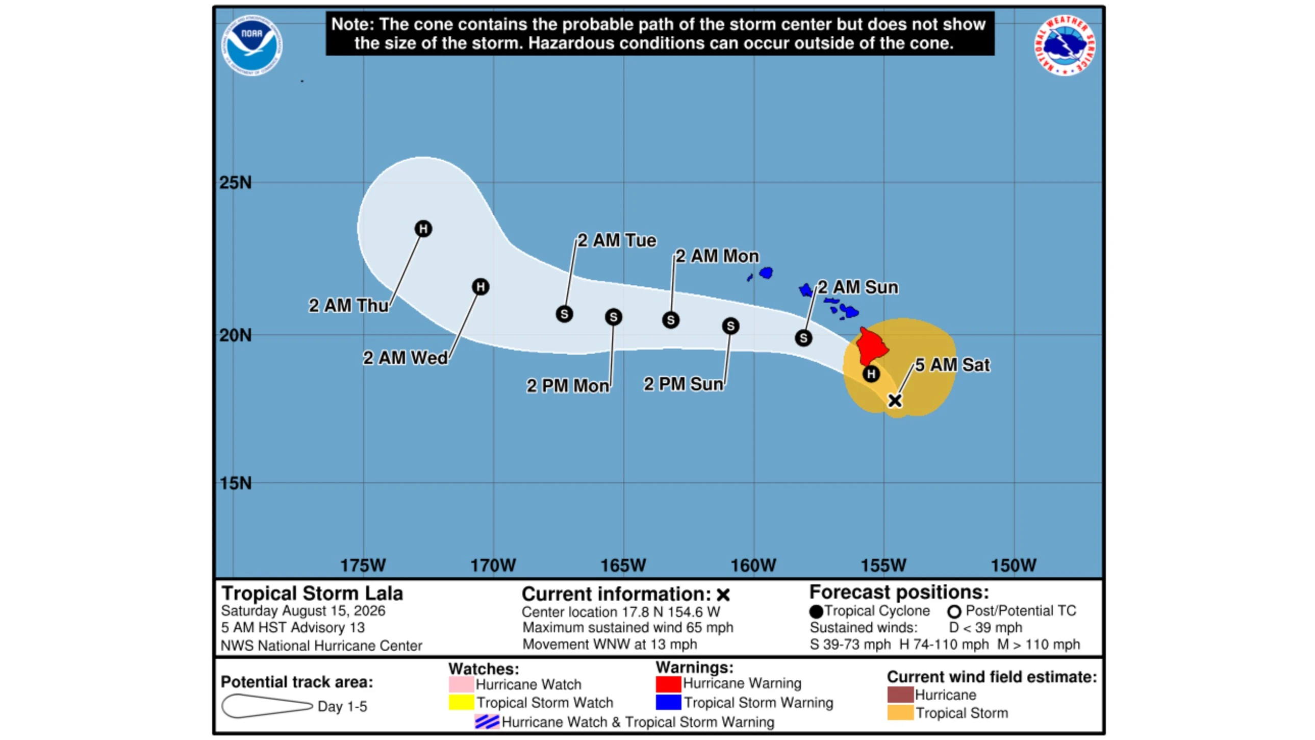 Tropical Storm Lala track 5 a.m. August 15, 2026