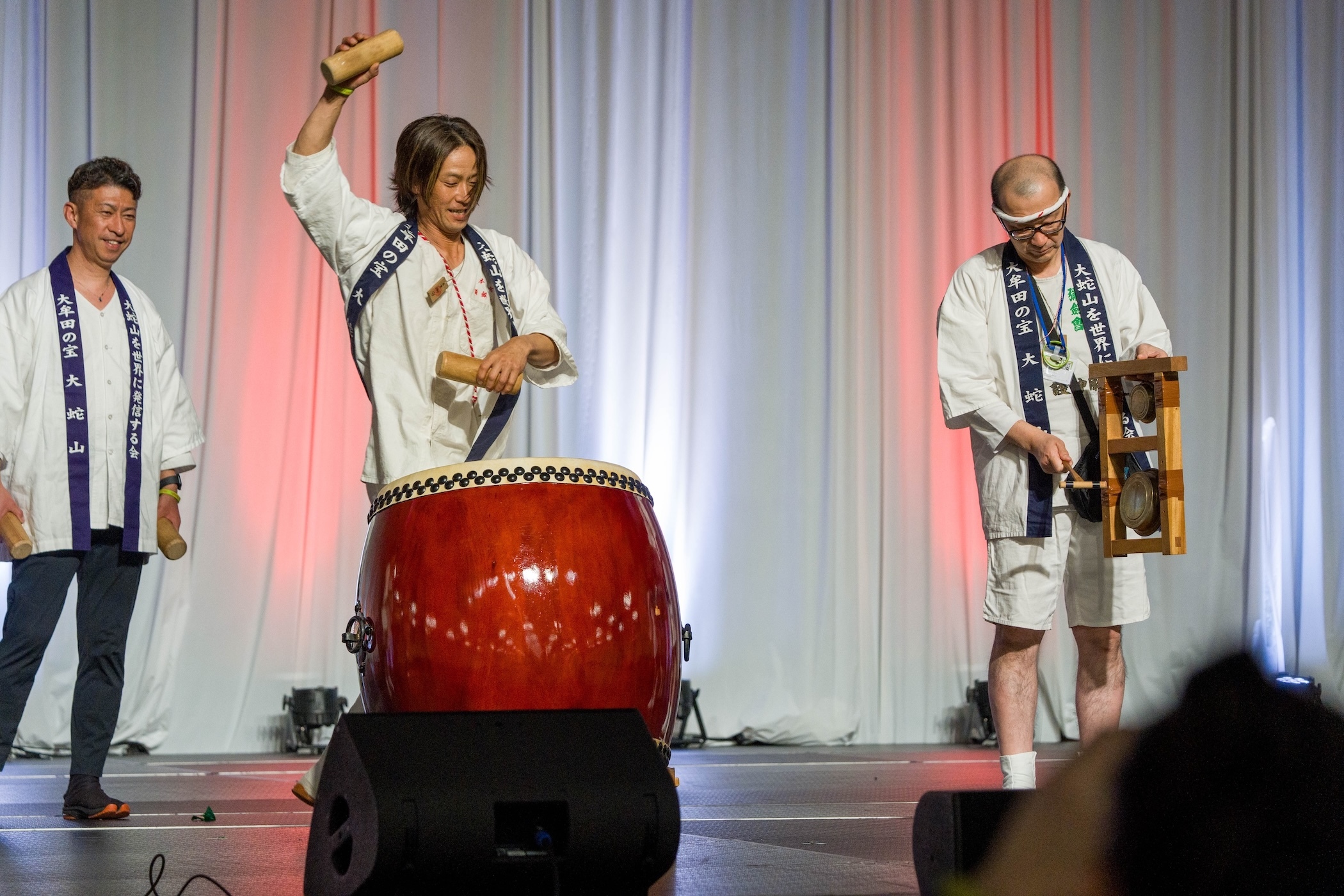 This performance group from the Fukuoka Prefecture in Kyushu, Japan, usually brings a fire-spitting dragon called Daijayama to the festival. The group gave a simpler performance indoors at the Hawaiʻi Convention Center as part of the mini parade, which was open to other performers, but not the public, on Sunday, March 15.