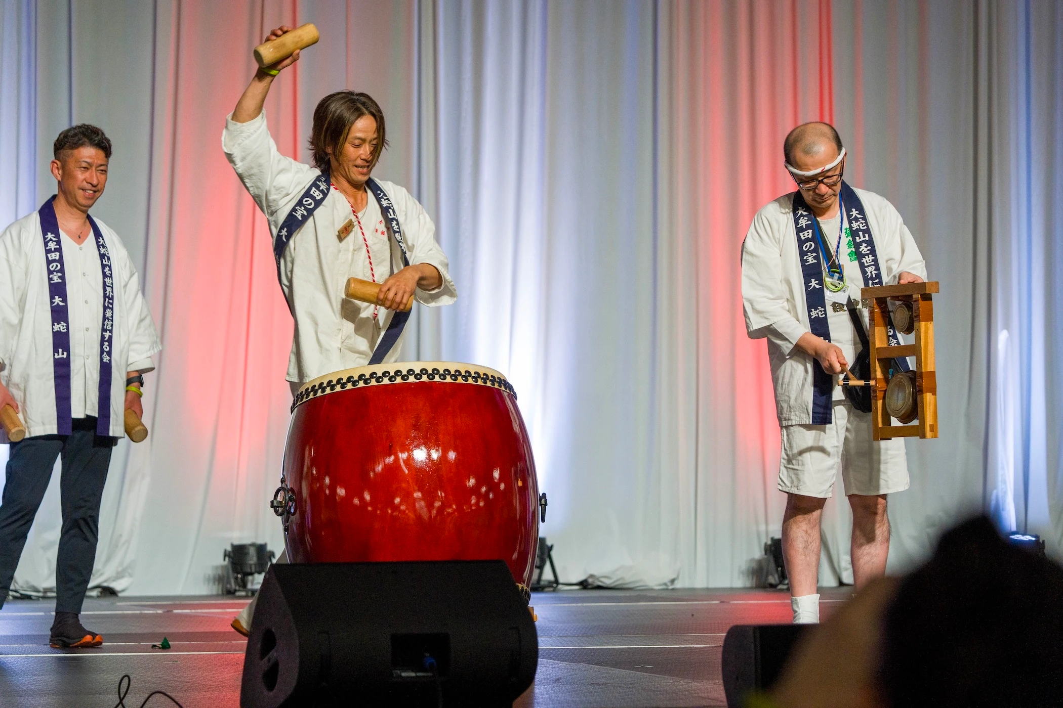 This performance group from the Fukuoka Prefecture in Kyushu, Japan, usually brings a fire-spitting dragon called Daijayama to the festival. The group gave a simpler performance indoors at the Hawaiʻi Convention Center as part of the mini parade, which was open to other performers, but not the public, on Sunday, March 15.