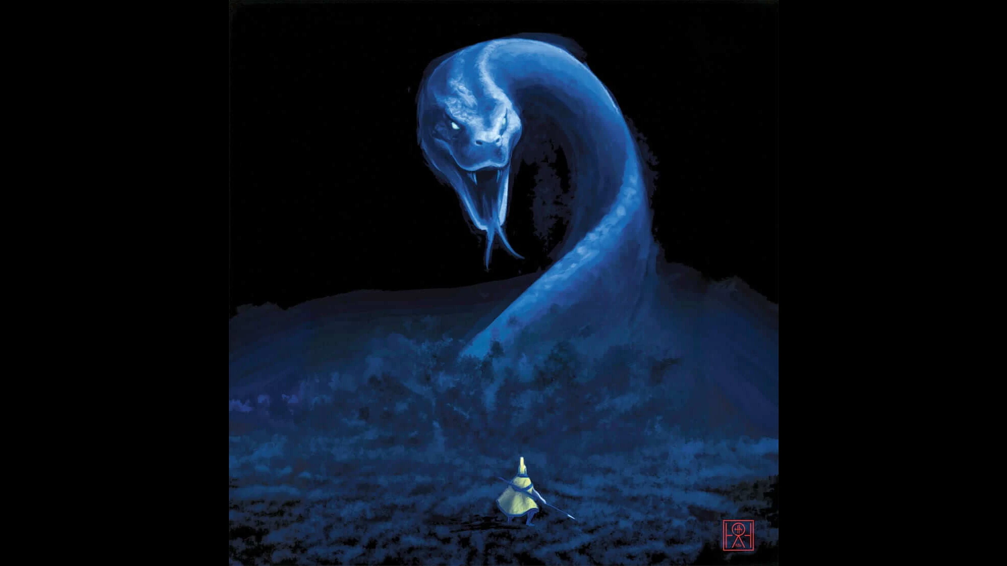 According to mo‘olelo, the island of Lāna‘i was once infested with evil spirits, a giant mo‘o, and man-eating ghosts. – Original artwork by Alika Spahn Naihe