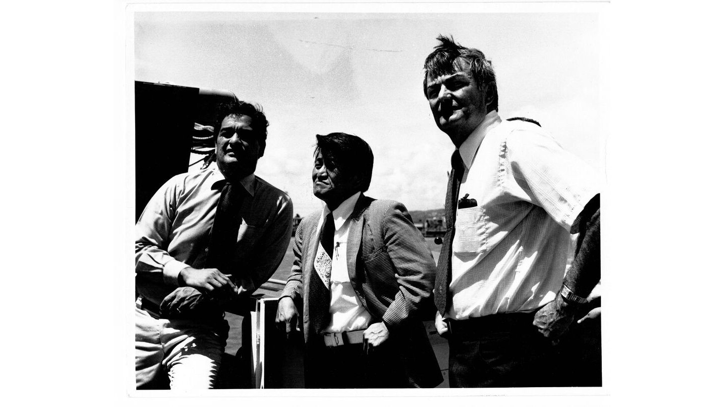 Herman Clark, Nelson Doi, and Tom Gill on tugboat, April 1974.
