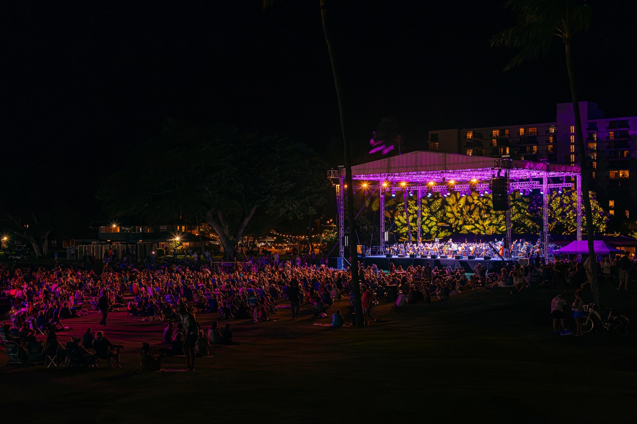 Hawaiʻi Stage, which is owned and operated by a subsidiary of Hawaiian Council, constructed a stage and provided lights and amplification, while Hawaiian Airlines donated the airfare to get the musicians — and their instruments — to Maui. Royal Lahaina Resort & Bungalows, operated by Highgate Hawaiʻi, provided rooms for musicians to stay overnight.
