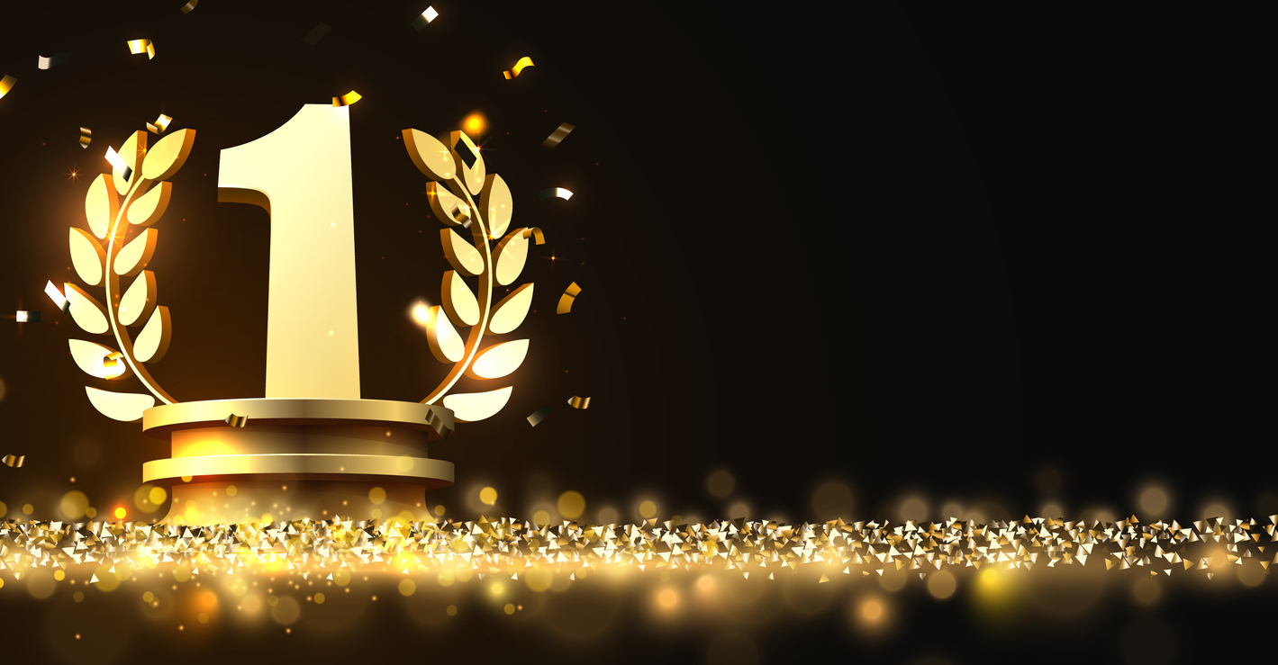 Winner award. Number one. Golden laurel wreath on podium with falling confetti. Vector illustration.