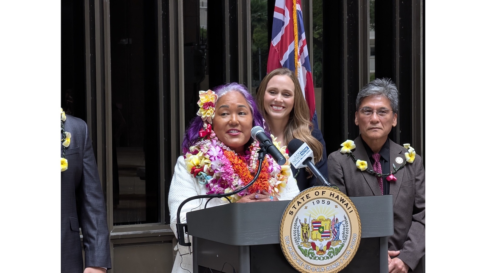 Rep. Elle Cochran announces her new party affiliation at the Hawai‘i State Capitol Monday.