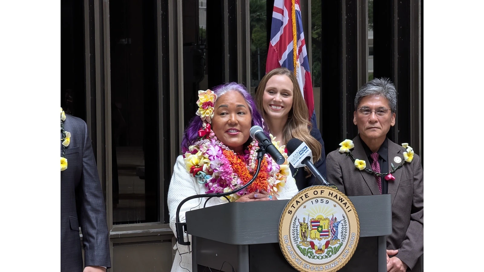 Rep. Elle Cochran announces her new party affiliation at the Hawai‘i State Capitol Monday.