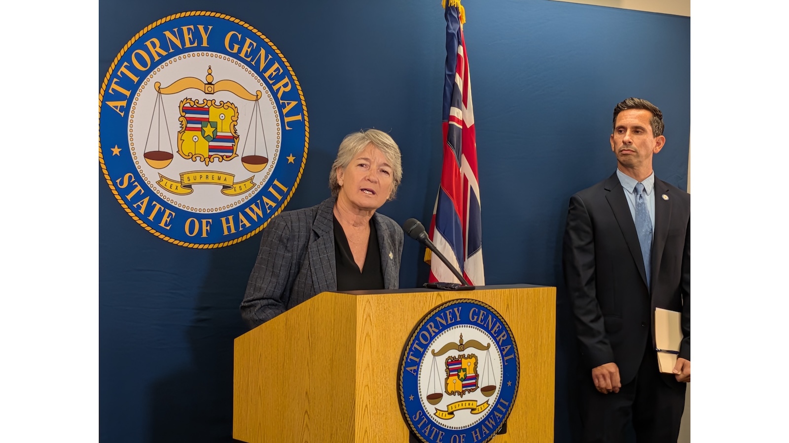 Attorney General Anne Lopez (left) and Deputy Attorney General David Van Acker