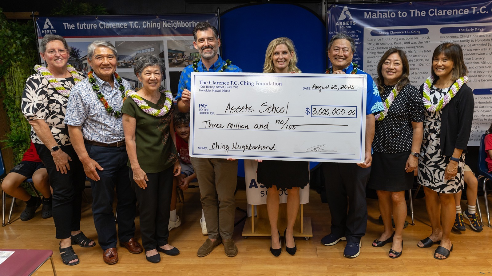 The Clarence T.C. Ching Foundation recently presented a $3 million donation to Assets School leadership to support the Great Minds Capital Campaign. Pictured in the middle holding the check are Ryan Masa, Assets head of school; Linda Jameson Myers, vice president of institutional advancement of Assets School; Robert Fujioka, vice chairman and secretary of The Clarence T.C. Ching Foundation; and Tertia Freas, executive director of The Clarence T.C. Ching Foundation. To their left are Julie Tam, executive assistant; Kenneth Okamoto, trustee; and Elizabeth Hokada, trustee. To their right is Catherine Ching, trustee.